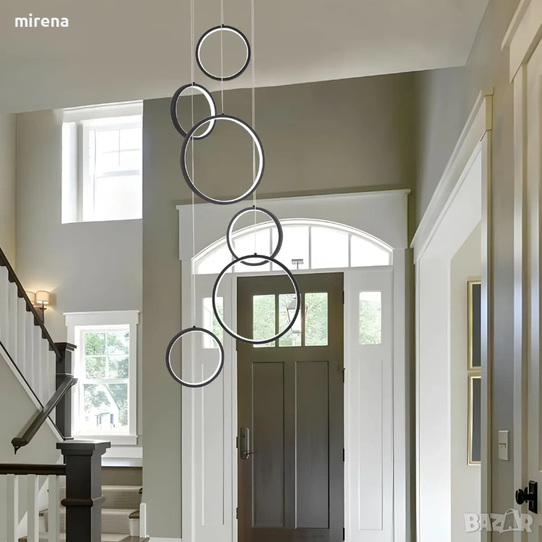 6-пръстенов кръг ринг модерен лед LED полилей за висок таван, димируем, снимка 1