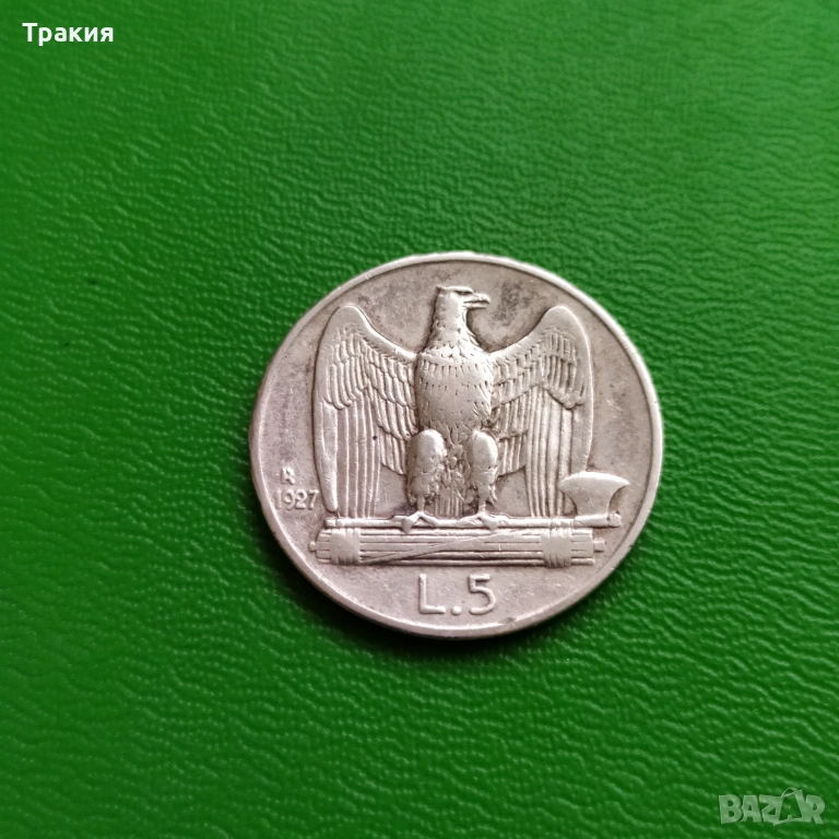 5 лири 1927 г. Сребро , снимка 1