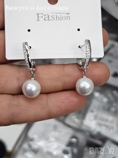 Обеци родий с перли и с кристали - 28425-20, снимка 1