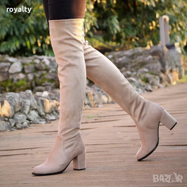 Ботуши на ток - бежов велур, снимка 1