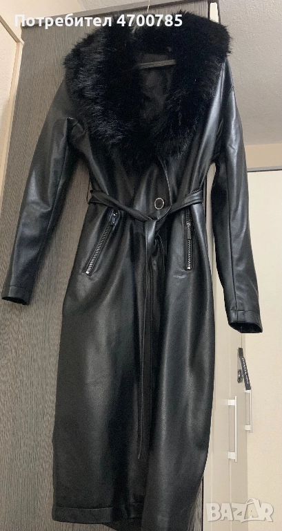 Дълго кожено палто с яка с косъм, снимка 1