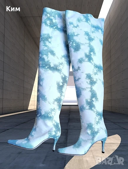 Високи ботуши By Far Stevie 99 принт небе облаци изтъркан деним , снимка 1