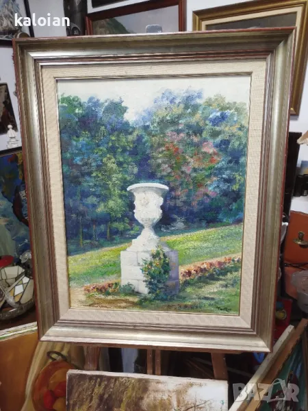 Градините на Монфорт. Масло на платно изобразяващо емблематична скулптура във Валенсия. Подписана ав, снимка 1