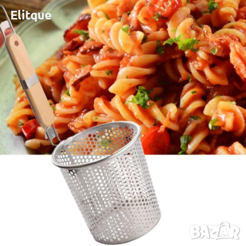 Гевгир за паста тип мрежест кош от неръждаема стомана с дървена дръжка 14см, снимка 6 - Други - 52901480