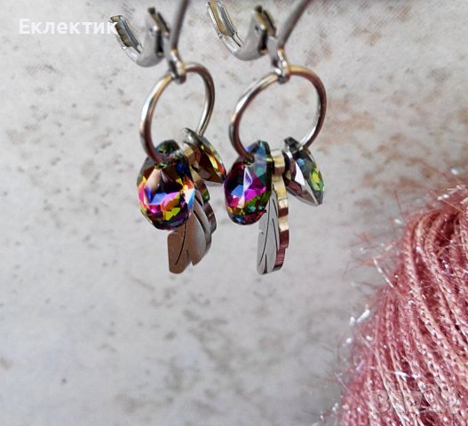 Обеци с висулки от неръждаема стомана и кристалчета, снимка 4 - Обеци - 38013916