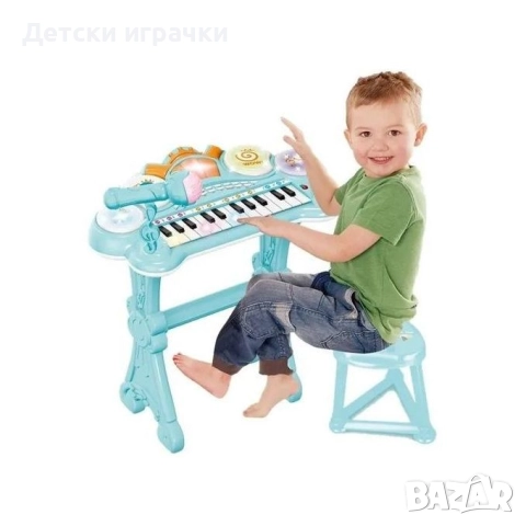 Детско пиано със столче, с микрофон, с барабани, синьо