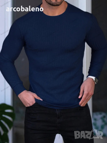 Ежедневна мъжка тениска с дълги ръкави и кръгло деколте с вертикални райета, 5цвята , снимка 5 - Тениски - 44624412