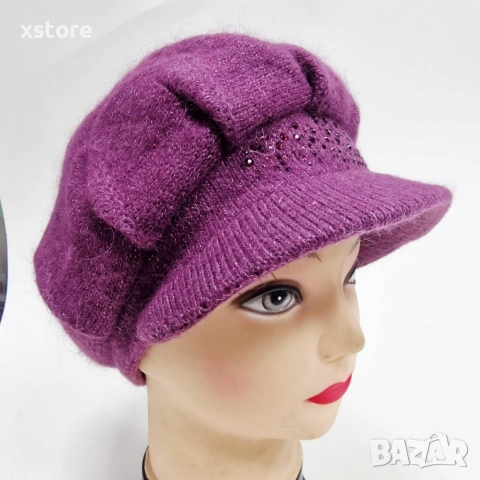 Дамска зимна плетена шапка с козирка и декоративни камъчета, снимка 7 - Шапки - 52796212