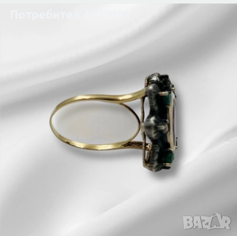 Луксозен винтидж пръстен със златен ринг, сребърна основа, диаманти и скъпоценни камъни, снимка 4 - Пръстени - 53266309