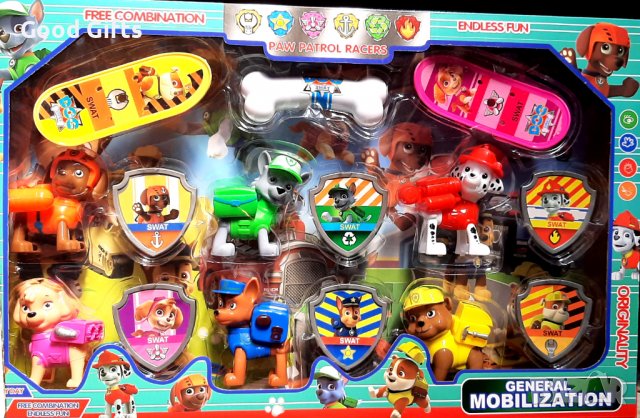 Много голям комплект Пес патрул със значки и скейтборд , Всички кученца Пес патрул