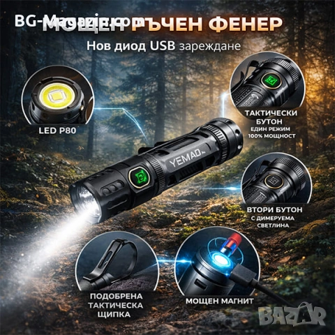 Мощен ръчен фенер YEMAO A6 – 2200 Лумена тактически дизайн USB-C и 350м обхват