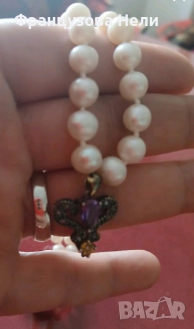 Старинно колие с естествени перли и сребърен медальон, снимка 3 - Антикварни и старинни предмети - 54196113