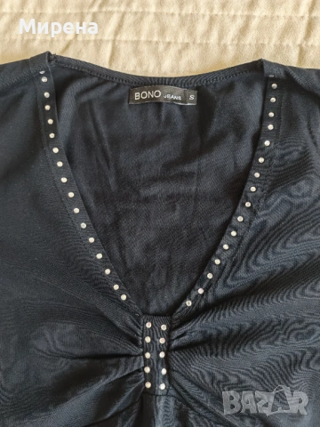 Черна блуза с камъчета и набор на ръкавите, S размер, снимка 2 - Блузи с дълъг ръкав и пуловери - 54224346