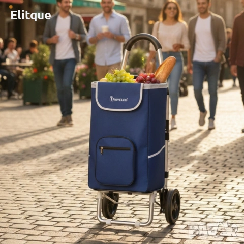 Сгъваема пазарска количка 56 литра Troll03Blue – лека, водоустойчива и стабилна, снимка 3 - Други стоки за дома - 53108660