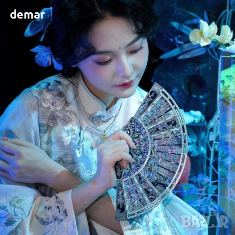 Метален 3D пъзел Piececool - сгъваемо ветрило с шарен абажур от седеф, 46 части, снимка 3 - Пъзели - 52097645