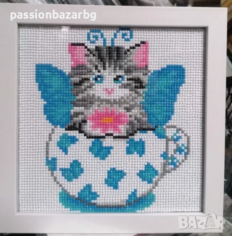 Рамкиран Диамантен Гоблен - Коте в чаша - Пеперуда, снимка 3 - Гоблени - 38556536