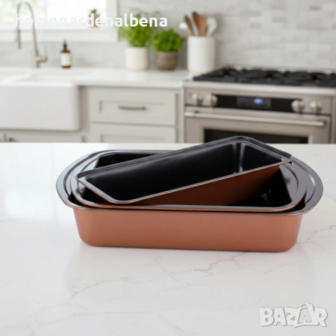 Комплект тави за печене Cheffinger 3 части незалепващо покритие меден цвят, снимка 4 - Съдове за готвене - 54165663