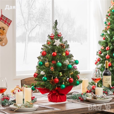 Изкуствена коледна елха за маса с LED лампички и горски плодове 60см Yaheetech