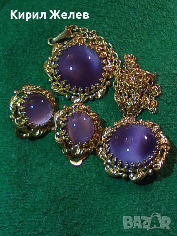 ПОЗЛАТЕНИ КОЛИЕ ОБЕЦИ БРОШКА БРОНЗ с ЮВЕЛИРНО ШЛИФОВАНО КОТЕШКО ОКО АРТ ДЕКО ПРЕКРАСНИ БИЖУТА 27967, снимка 3 - Бижутерийни комплекти - 37115412