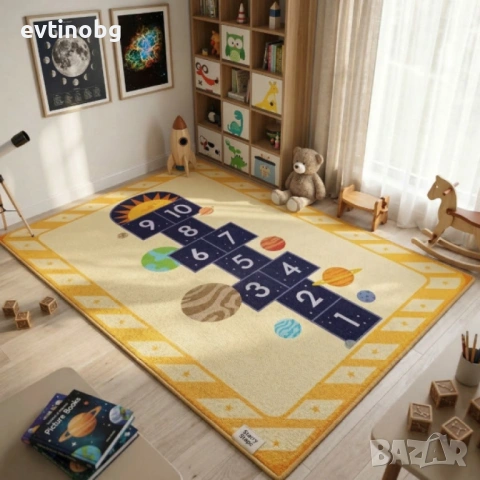 Детски килим за игра "Космическа Дама" 120х160см – Слънчева система, Жълт, Противоплъзгащ и Миещ се, снимка 5 - Други - 53881597
