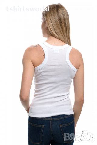 Нов дамски бял потник с 3D принт Котка със сини очи, Х-гръб, прав гръб, снимка 3 - Потници - 28361545