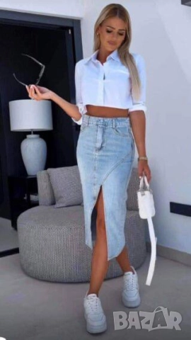 дънкова пола с цепка, снимка 2 - Поли - 51701589