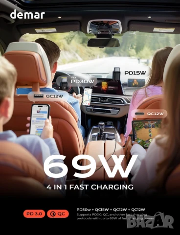 LISEN - 4 в 1 Прибиращо се зарядно за кола, 69W двоен USB C адаптер, снимка 4 - Зарядни за кола - 50583791
