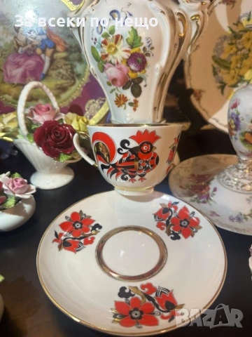 Lomonosov Imperial Porcelain Factory "Red Rooster" tea cup and saucer Код P1956, снимка 5 - Декорация за дома - 53926034