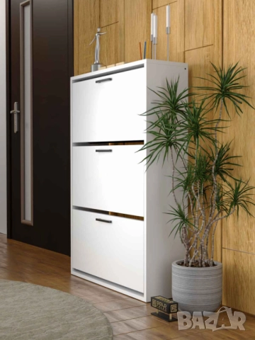 Шкаф за обувки с 3 падащи врати – бял и дървесен цвят/Шкафче за обувки, снимка 7 - Шкафове - 52306827