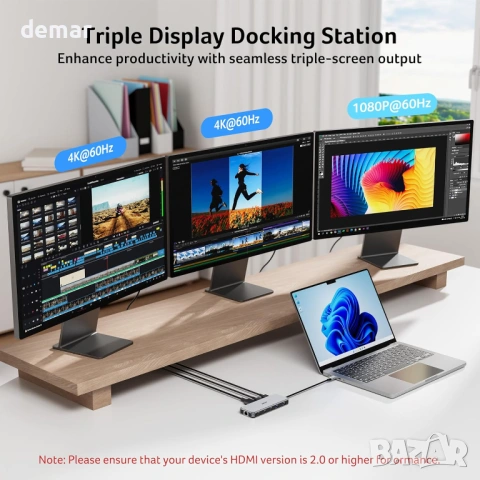 Докинг станция Acer 11-в-1, USB-C троен дисплей 1*DP 8K, 2 × HDMI 4K, снимка 4 - Кабели и адаптери - 54217797