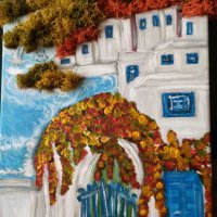 Санторини, картина с акварелни бои върху платно със скандинавски мъх. , снимка 1 - Картини - 40256350