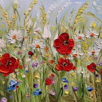 "Полски цветя" - маслени бои, 40/40см. Рамкирана, снимка 4 - Картини - 44710445