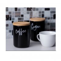 Керамичен буркан за кафе, черен, бамбуков капак, 800 мл, снимка 2 - Кутии за съхранение - 38038021