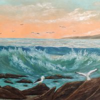 Море и чайки картина с маслени бои, снимка 1 - Картини - 35303807
