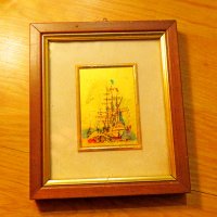 Старинна златна картина рисувана върху златно фолио - Старинен кораб  - с маркировка за злато 982 ( , снимка 1 - Картини - 38510136