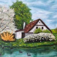 Маслена картина  Пролет на село , снимка 1 - Картини - 31030999