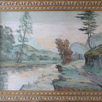 Стара картина - Пейзаж - река Искър и Рила планина, живопис, снимка 1 - Картини - 21181829