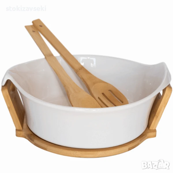Керамична купа за салата с бамбукови прибори и стойка, снимка 1