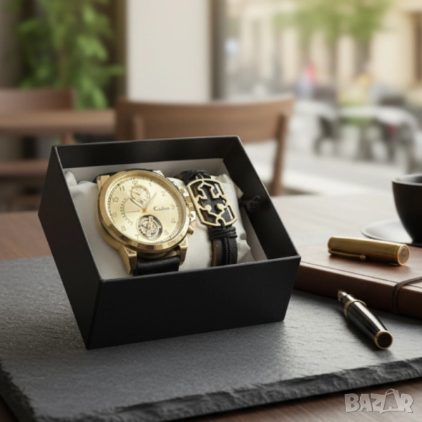 Елегантен мъжки комплект – часовник с черна каишка и гривна с метален щит, снимка 1
