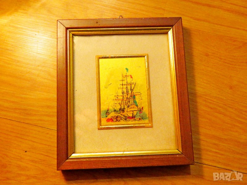 Старинна златна картина рисувана върху златно фолио - Старинен кораб  - с маркировка за злато 982 ( , снимка 1