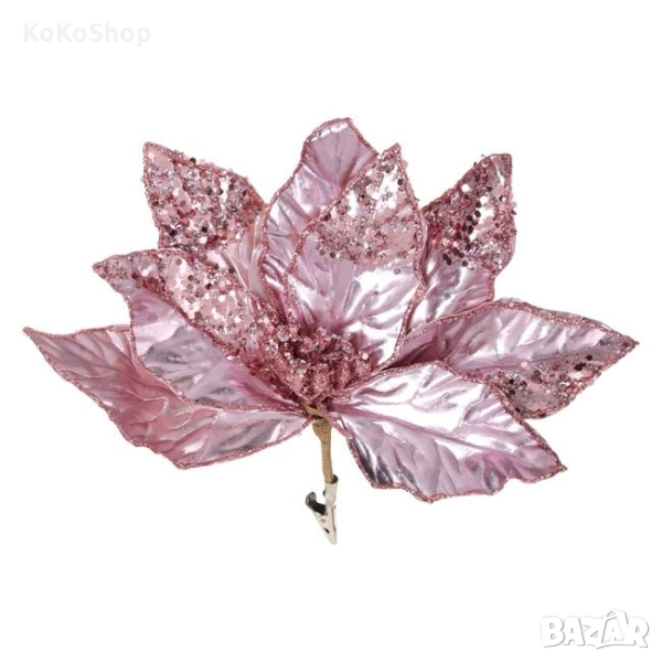 Розово цвете за коледна украса-26 см./Коледна звезда на клипс, снимка 1