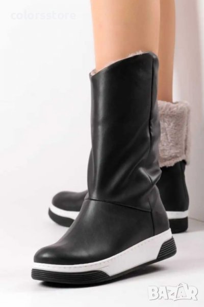 Равни боти - черна кожа със сив пух - ST24, снимка 1