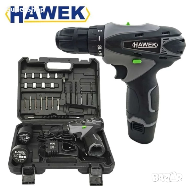 Акумулаторен винтоверт с вложки и удължение HAWEK 2 батерии в куфар, снимка 1