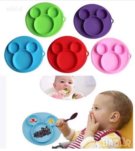 Бебешка подложка чиния чинийка купичка неразливаща самозалепваща с вакум за хранене силиконова чиния, снимка 1