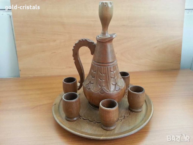 Дървен декоративен сервиз чашки и гарафа , снимка 1