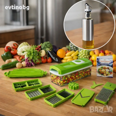 Кухненско Ренде за зеле, моркови с контейнер - Nicer Dicer Plus от 13 части + Подарък Бутилка за зех, снимка 3 - Аксесоари за кухня - 54125032