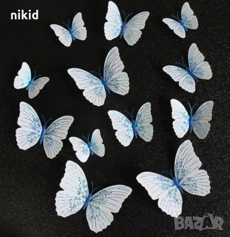3D 12 бр pvc бели син кант самозалепващи пеперуди декорация за стена и мебел, снимка 1 - Други - 31222768