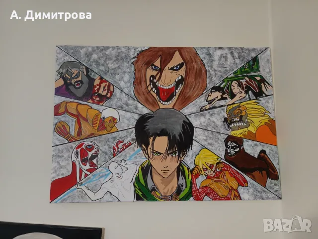 Оригинална ръчно рисувана картина Attack on titan 100х70