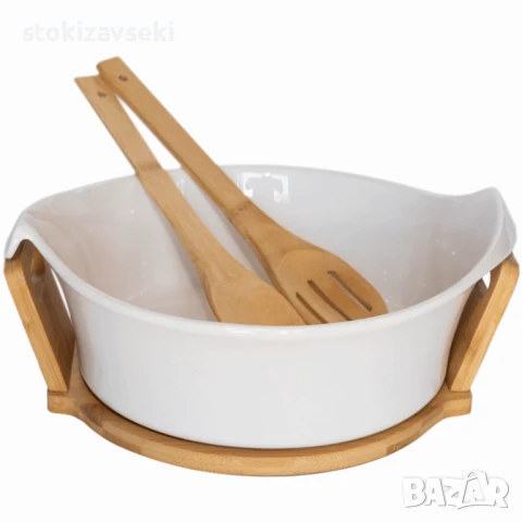 Керамична купа за салата с бамбукови прибори и стойка, снимка 1