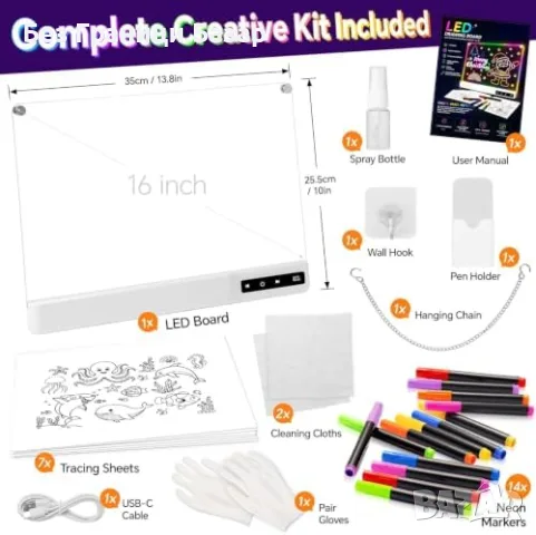 Нова Светеща LED Дъска за Деца 16" Рисуване Писане 14 Маркера 2000mAh Идеален подарък, снимка 3 - Образователни игри - 55959420